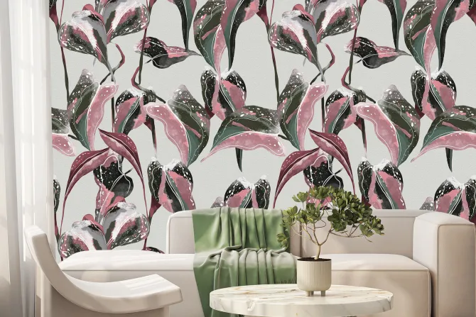 Fototapeta: Kolorowe tropikalne liście z różem