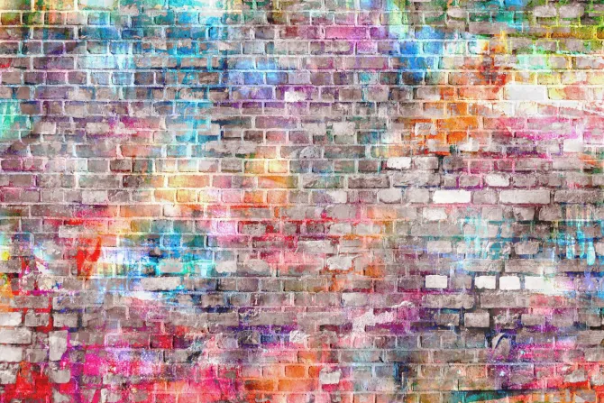 Fototapeta: Kolorowy mur z szarej cegły neon