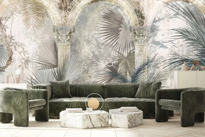 Fototapeta: Kolumny i egzotyczne liście palmowe