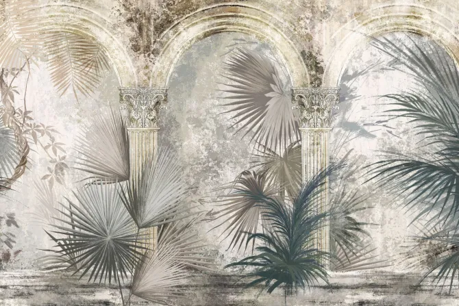 Fototapeta: Kolumny i egzotyczne liście palmowe