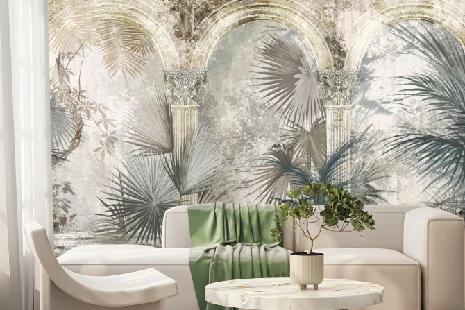 Fototapeta: Kolumny i egzotyczne liście palmowe