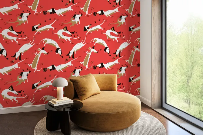 Fototapeta: Komiksowy wzór pieski na czerwonym tle