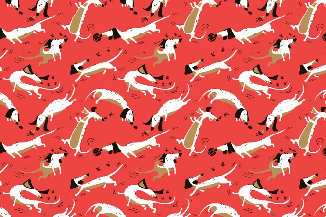 Fototapeta: Komiksowy wzór pieski na czerwonym tle