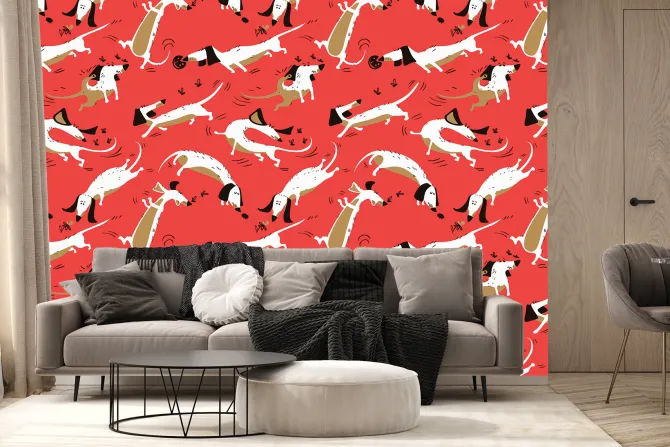 Fototapeta: Komiksowy wzór pieski na czerwonym tle