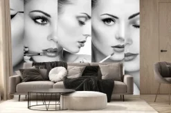 Fototapeta: Kompozycja z portretami kobiet i kosmetykami