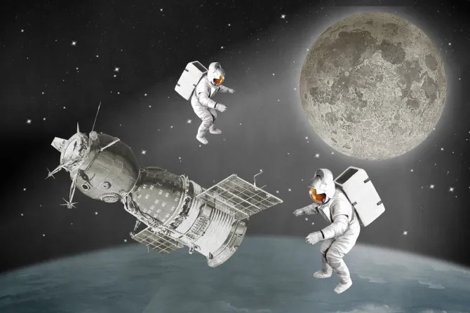 Fototapeta: Kosmonauci na orbicie na tle księżyca