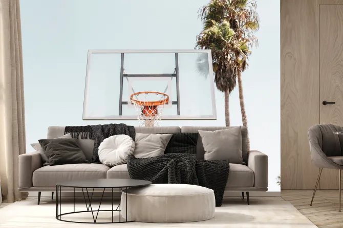 Fototapeta: Kosz koszykówki na tle palm