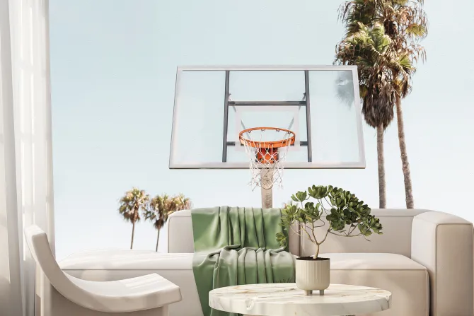 Fototapeta: Kosz koszykówki na tle palm
