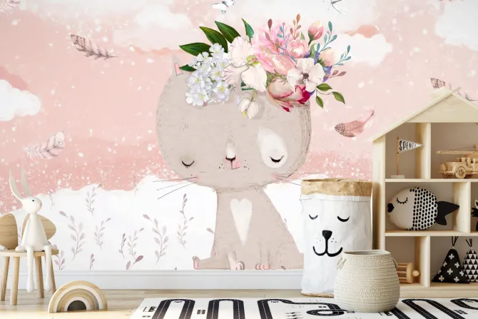 Fototapeta: Kotek z kwiatkami i motylami na łące w stylu akwareli