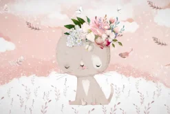 Fototapeta: Kotek z kwiatkami i motylami na łące w stylu akwareli