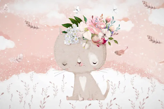 Fototapeta: Kotek z kwiatkami i motylami na łące w stylu akwareli