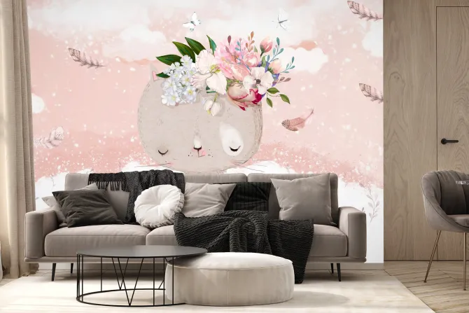 Fototapeta: Kotek z kwiatkami i motylami na łące w stylu akwareli