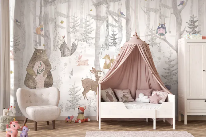 Fototapeta: Krajobraz bajkowego lasu ze zwierzętami