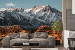 Fototapeta: Krajobraz droga na tle ośnieżonych szczytów górskich