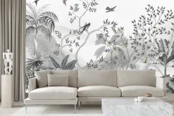 Fototapeta: Krajobraz drzewa i ptaki na tle gór mural