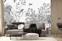 Fototapeta: Krajobraz drzewa i ptaki na tle gór mural