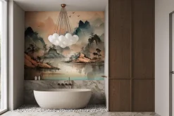 Fototapeta: Krajobraz gór wśród jeziora akwarela