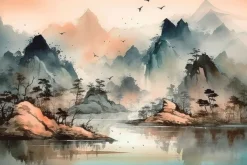 Fototapeta: Krajobraz gór wśród jeziora akwarela