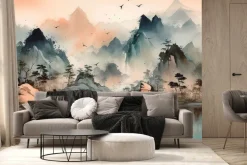 Fototapeta: Krajobraz gór wśród jeziora akwarela