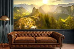 Fototapeta: Krajobraz gór z lasami i wschodem słońca