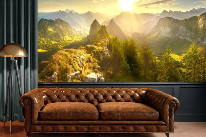 Fototapeta: Krajobraz gór z lasami i wschodem słońca