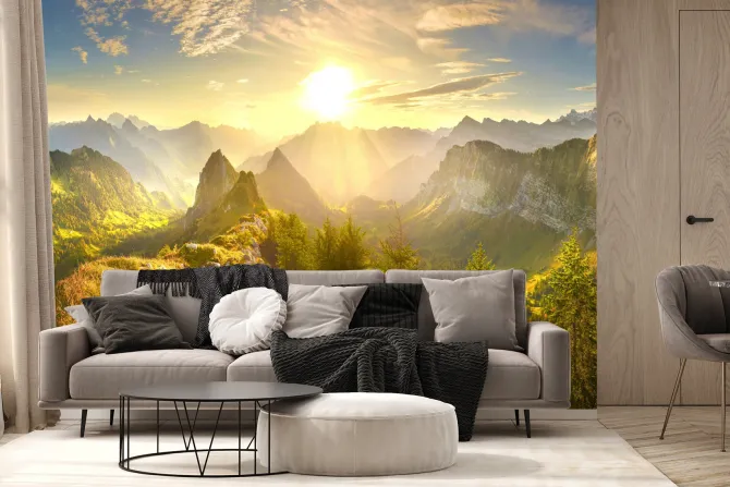 Fototapeta: Krajobraz gór z lasami i wschodem słońca