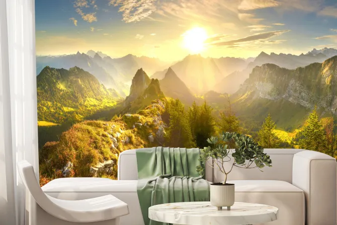 Fototapeta: Krajobraz gór z lasami i wschodem słońca