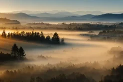 Fototapeta: Krajobraz górski las o wschodzie słońca