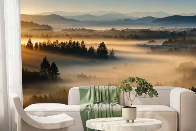 Fototapeta: Krajobraz górski las o wschodzie słońca