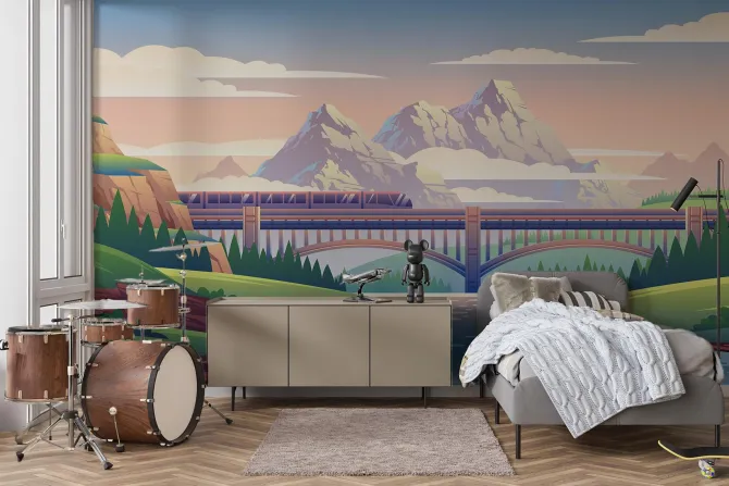 Fototapeta: Krajobraz jadącego pociągu na tle gór