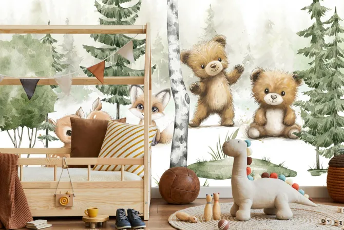 Fototapeta: Krajobraz lasu z niedźwiadkami