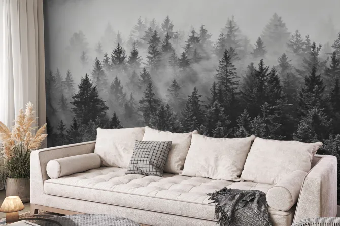 Fototapeta: Krajobraz lasu iglastego we mgle