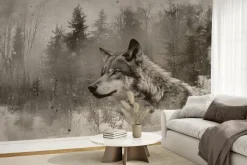 Fototapeta: Krajobraz lasu z wilkiem w szarej akwareli