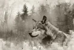 Fototapeta: Krajobraz lasu z wilkiem w szarej akwareli