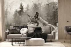 Fototapeta: Krajobraz lasu z wilkiem w szarej akwareli