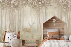 Fototapeta: Krajobraz lasu z kwiatami i jeleniem