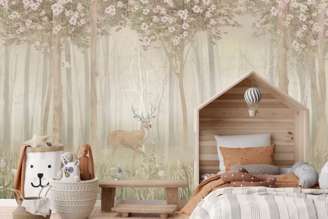 Fototapeta: Krajobraz lasu z kwiatami i jeleniem