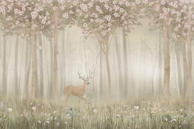 Fototapeta: Krajobraz lasu z kwiatami i jeleniem
