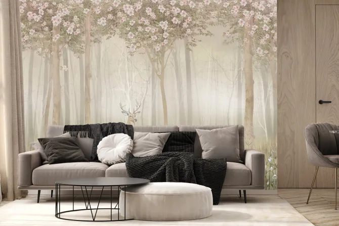 Fototapeta: Krajobraz lasu z kwiatami i jeleniem