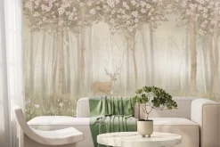 Fototapeta: Krajobraz lasu z kwiatami i jeleniem