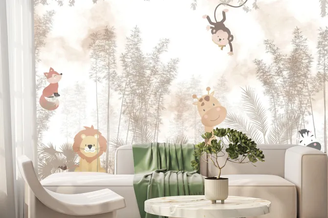 Fototapeta: Krajobraz tropików ze zwierzętami i roślinami