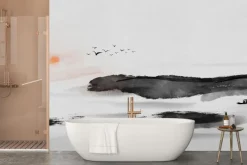 Fototapeta: Krajobraz w stylu chińskim morze ptaki zachód słońca