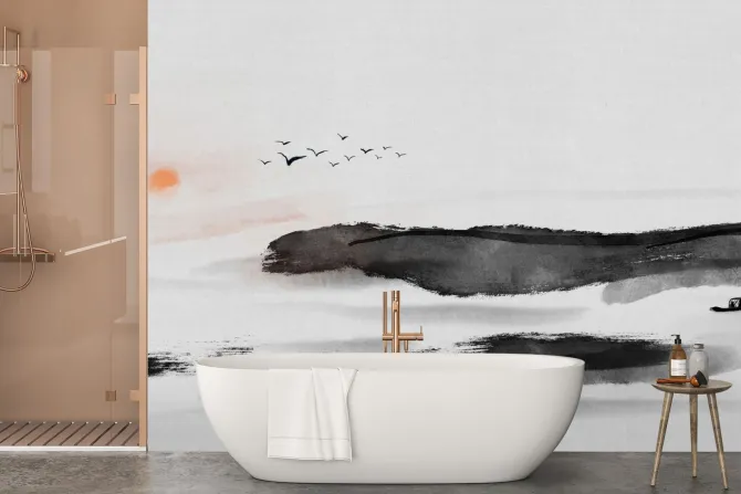 Fototapeta: Krajobraz w stylu chińskim morze ptaki zachód słońca