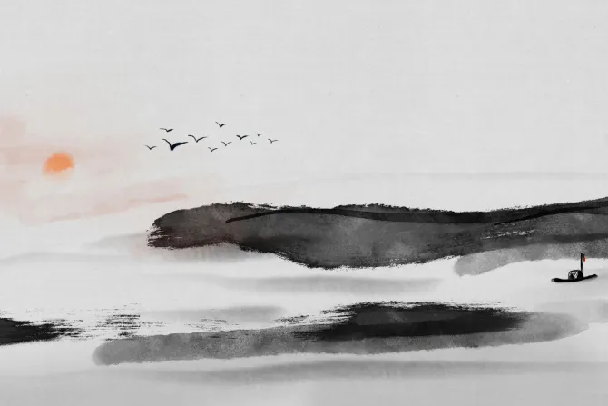 Fototapeta: Krajobraz w stylu chińskim morze ptaki zachód słońca