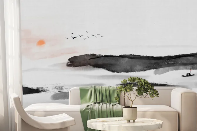 Fototapeta: Krajobraz w stylu chińskim morze ptaki zachód słońca