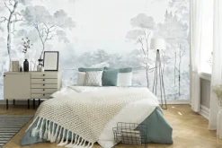 Fototapeta: Krajobraz z drzewami i rzeką natura w niebieskich kolorach