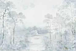 Fototapeta: Krajobraz z drzewami i rzeką natura w niebieskich kolorach