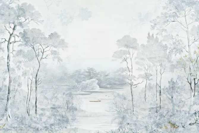 Fototapeta: Krajobraz z drzewami i rzeką natura w niebieskich kolorach