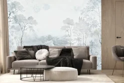 Fototapeta: Krajobraz z drzewami i rzeką natura w niebieskich kolorach