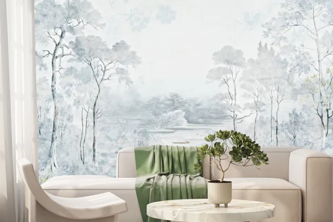 Fototapeta: Krajobraz z drzewami i rzeką natura w niebieskich kolorach